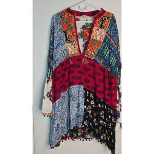 Anandas Boho Patchwork Tunic top Bell Sleeve Tassel Dress Women's Size XXL